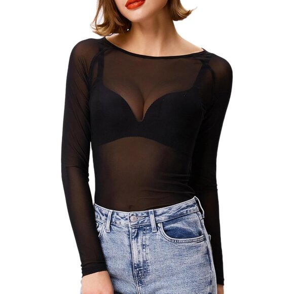 🆕Women's Black Mesh Long Sleeve Sexy Sheer Top Polyester Clubwear Blouse Tee - Picture 1 of 6